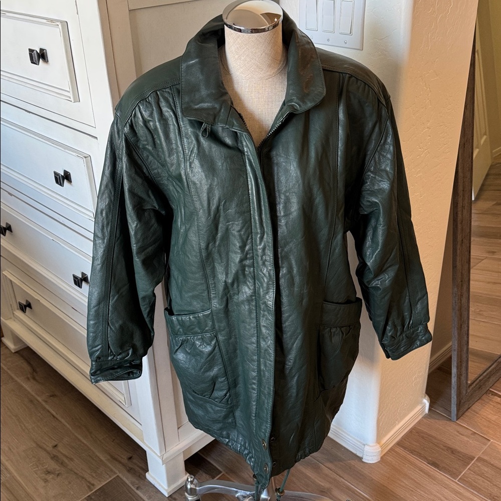 Vintage Jacqueline Ferrar S forest green car coat length leather jacket